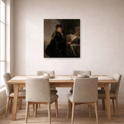 Gallery-wrapped canvas print of Rembrandt's A Scholar Seated at a Desk displayed on a wall in a dining room