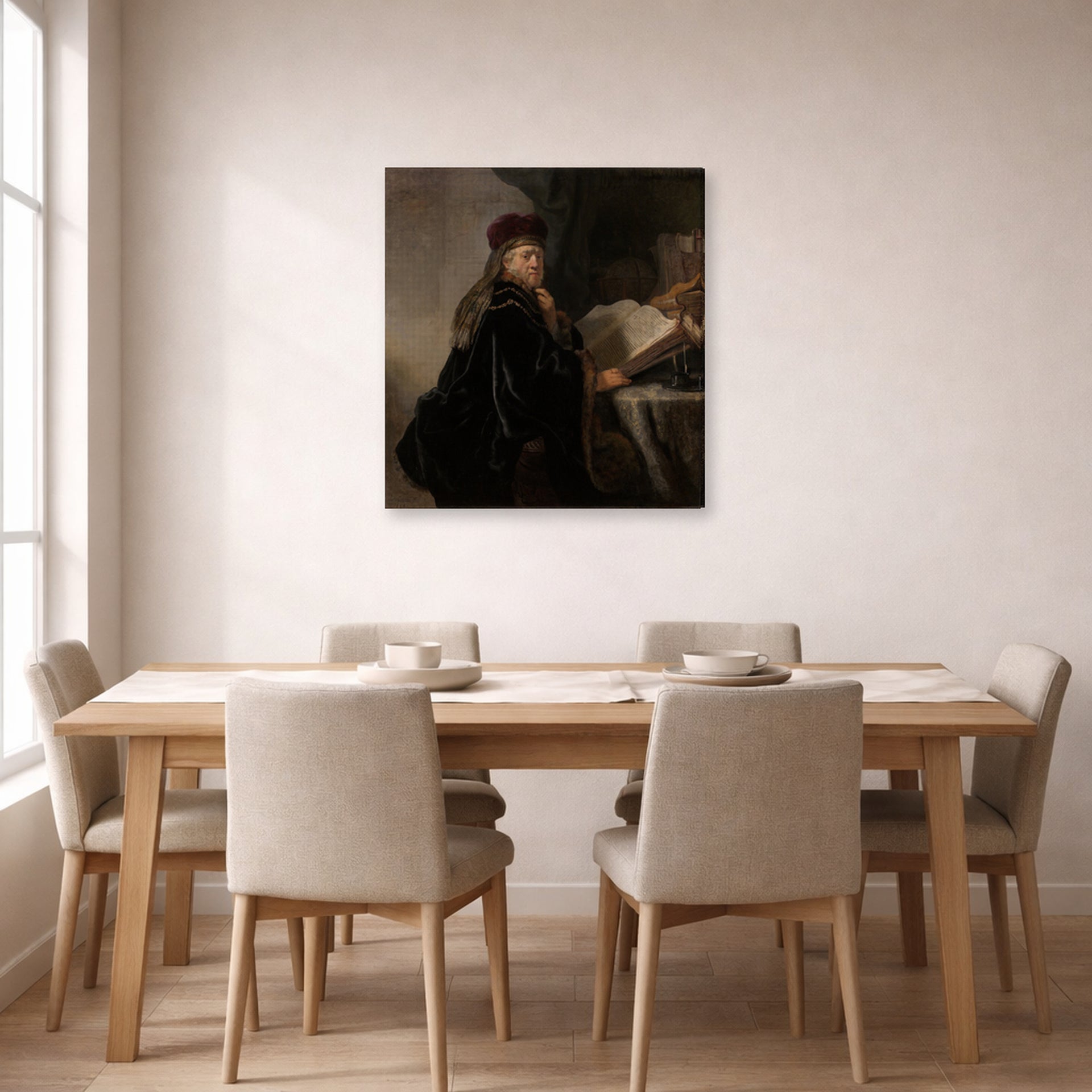 Gallery-wrapped canvas print of Rembrandt's A Scholar Seated at a Desk displayed on a wall in a dining room