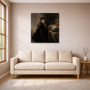 Gallery-wrapped canvas print of Rembrandt's A Scholar Seated at a Desk displayed on a wall in a living room