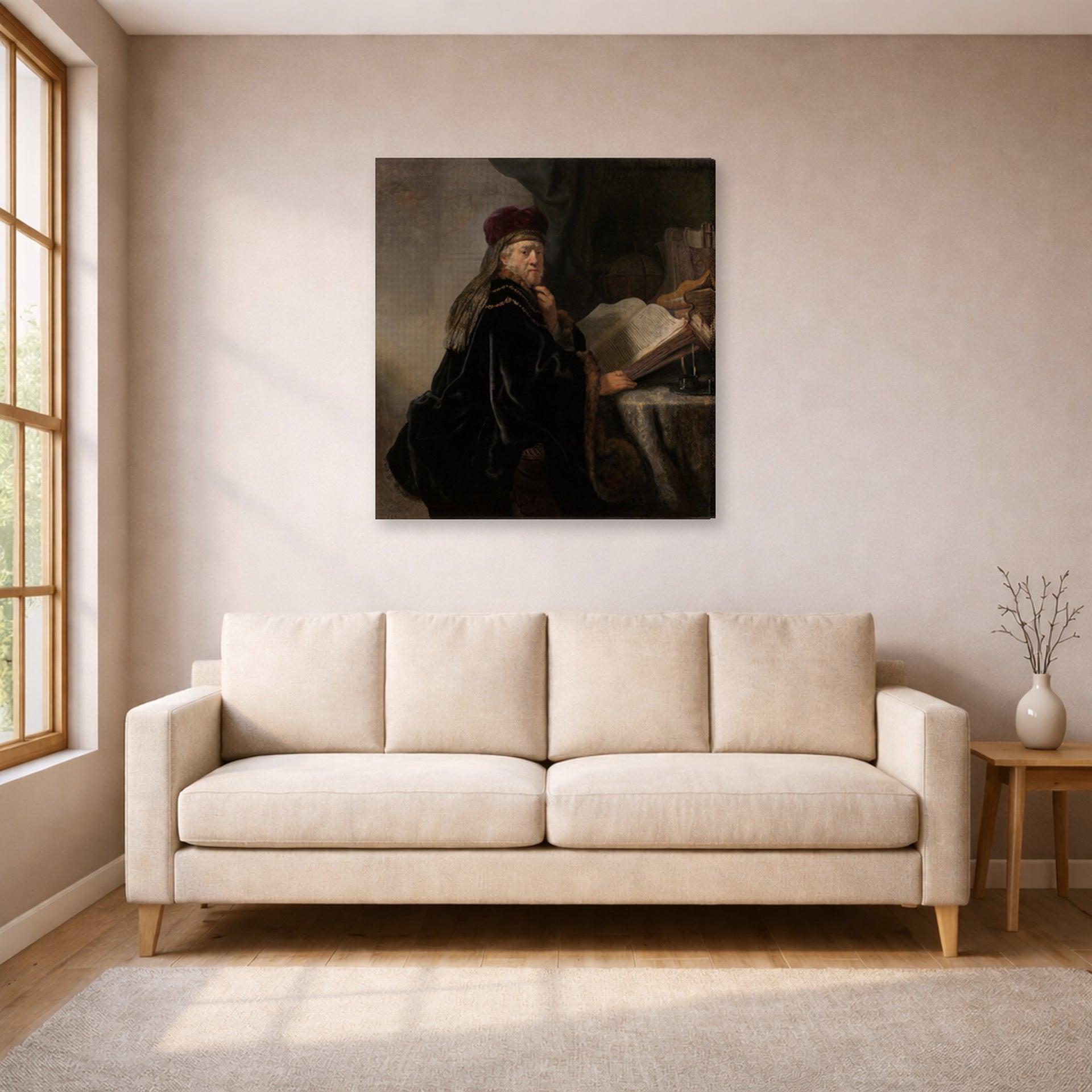 Gallery-wrapped canvas print of Rembrandt's A Scholar Seated at a Desk displayed on a wall in a living room
