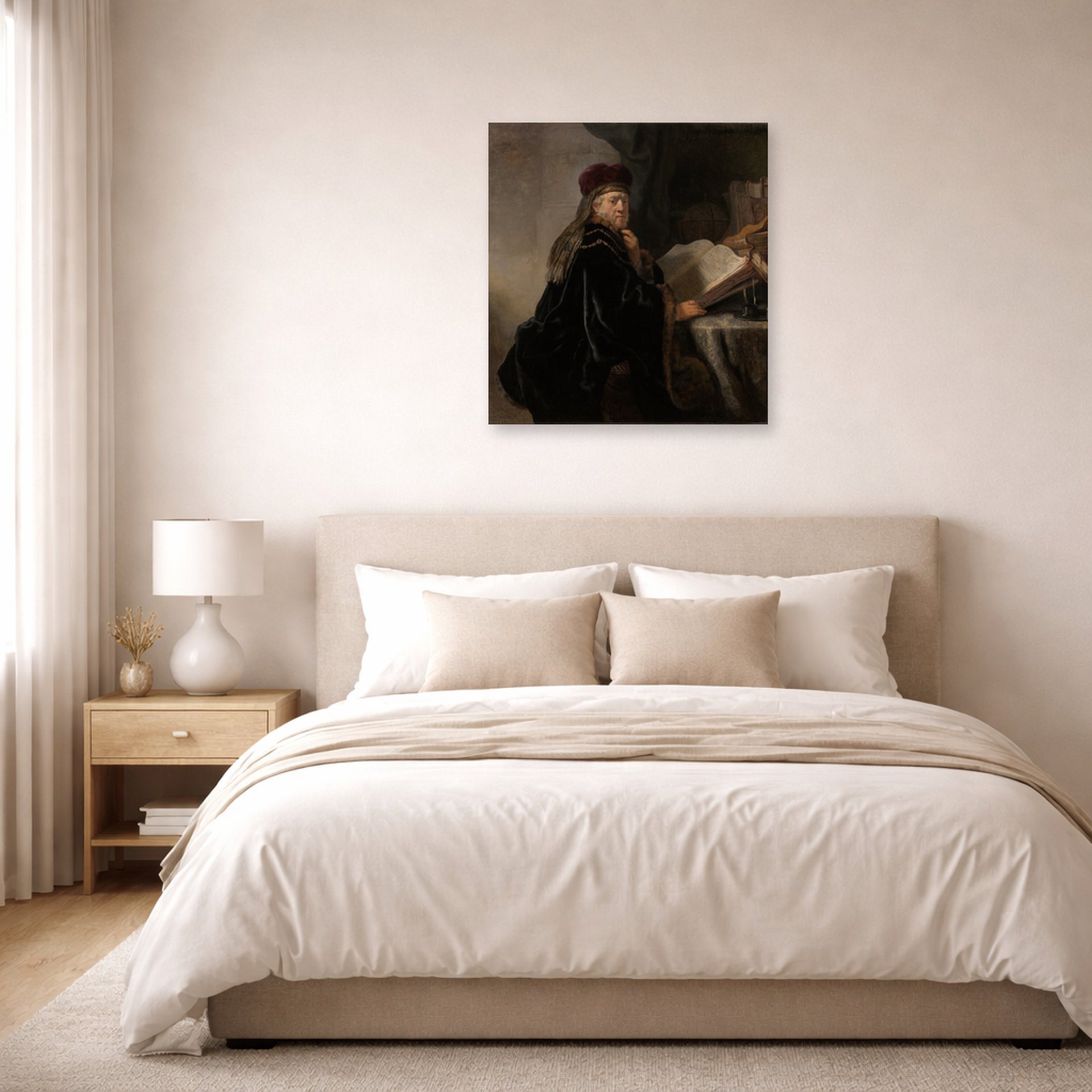 Unframed poster print of Rembrandt's A Scholar Seated at a Desk displayed on a wall in a bedroom