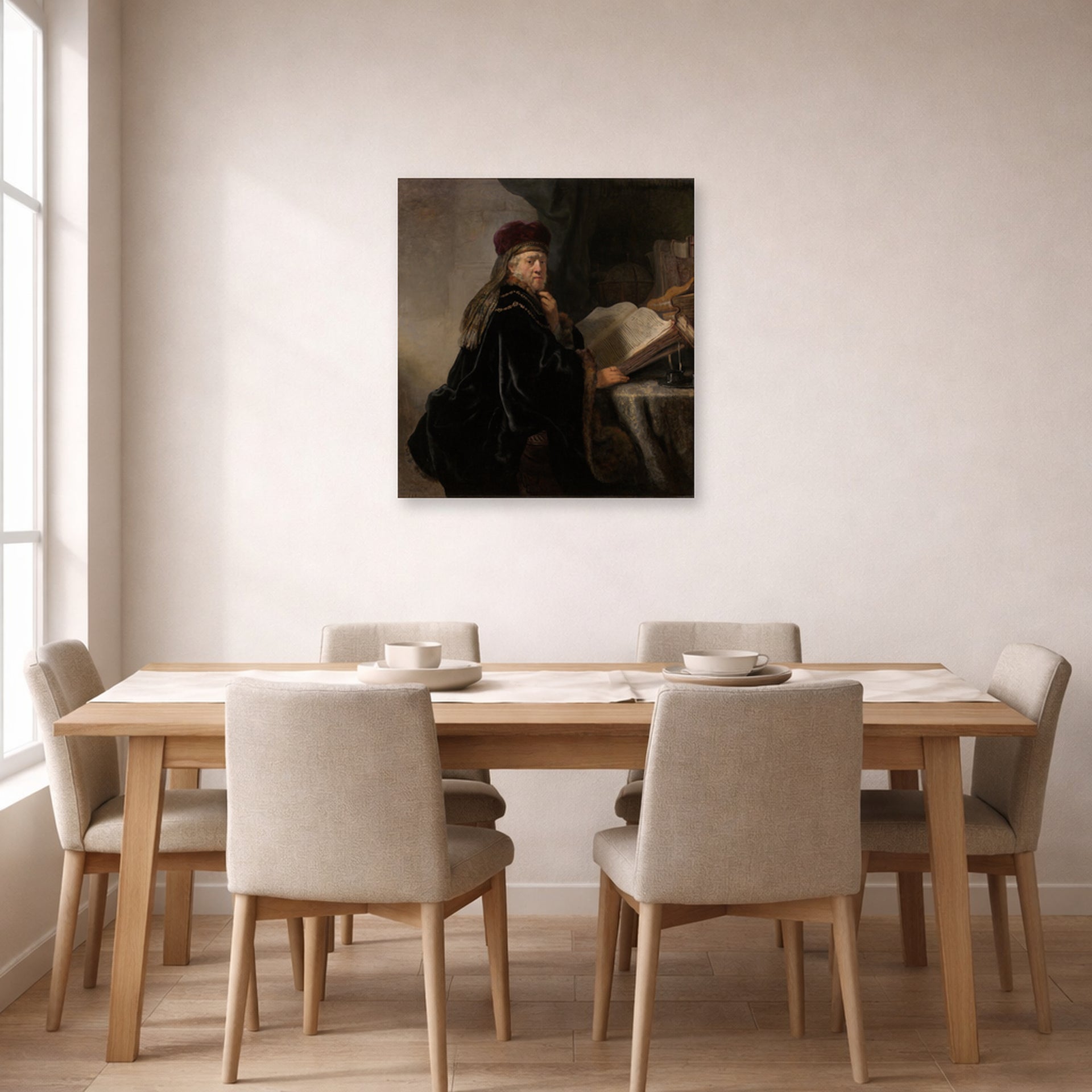 Unframed poster print of Rembrandt's A Scholar Seated at a Desk displayed on a wall in a dining room