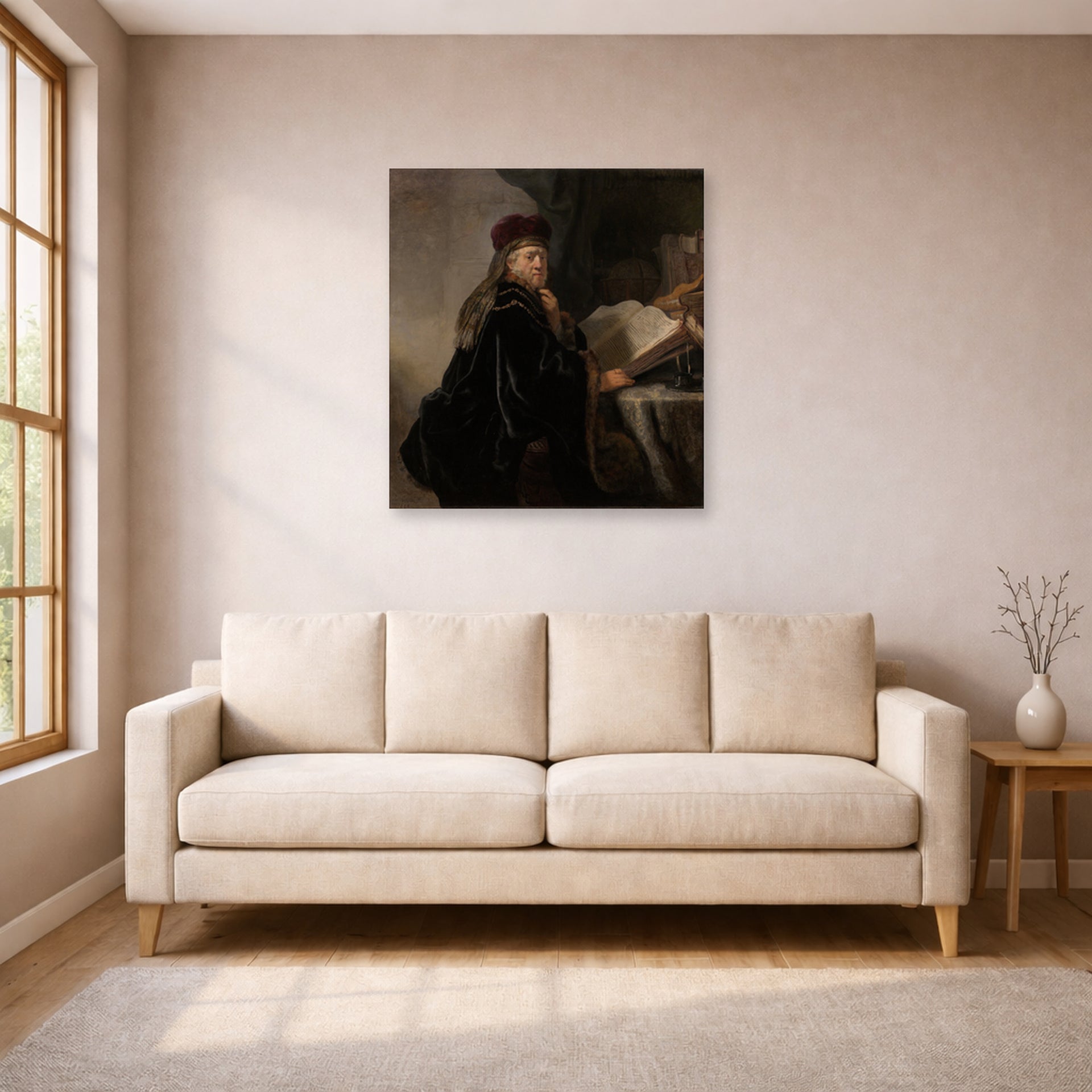 Unframed poster print of Rembrandt's A Scholar Seated at a Desk displayed on a wall in a living room