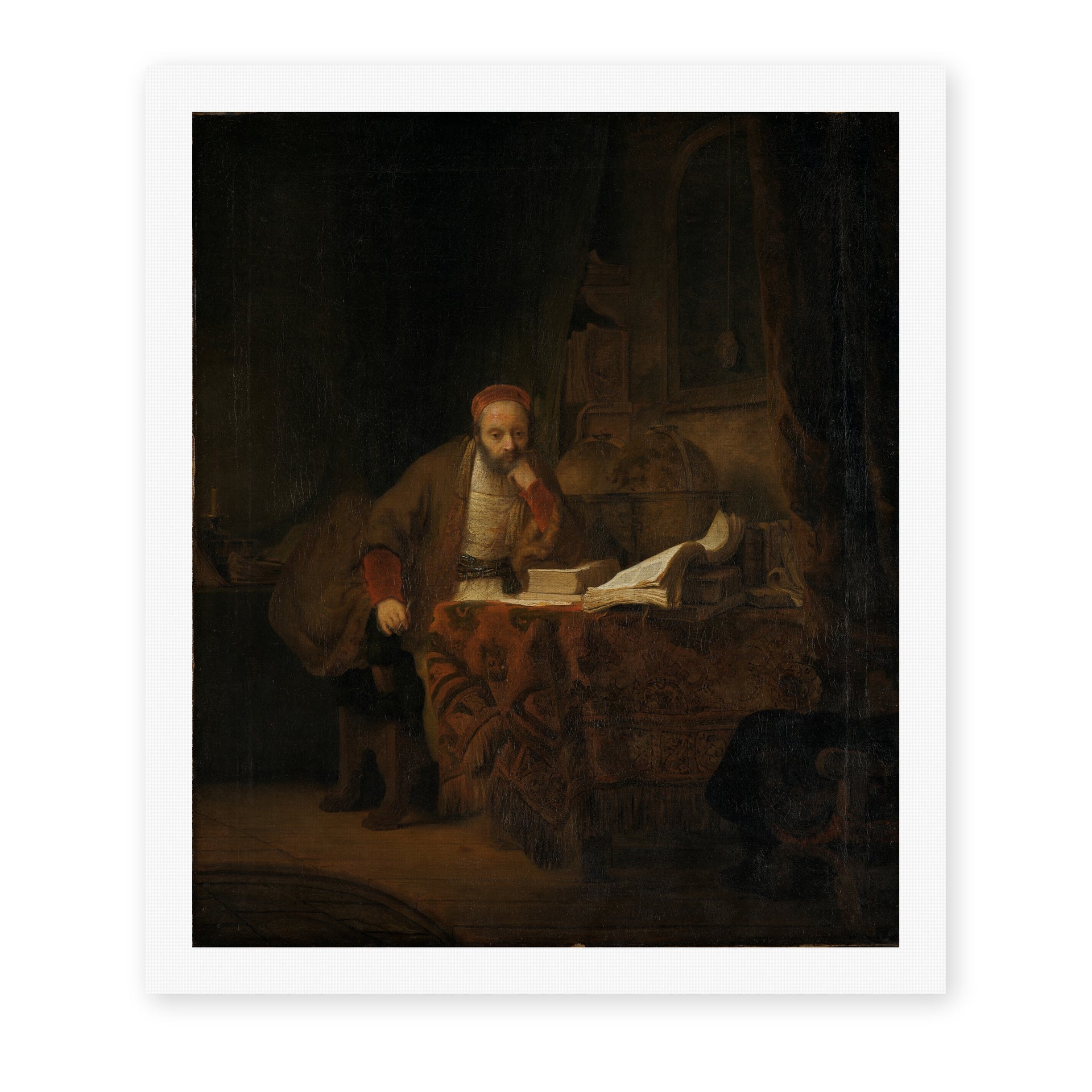 Rembrandt's 'A Scholar in His Study' painting reproduced as a rolled canvas print