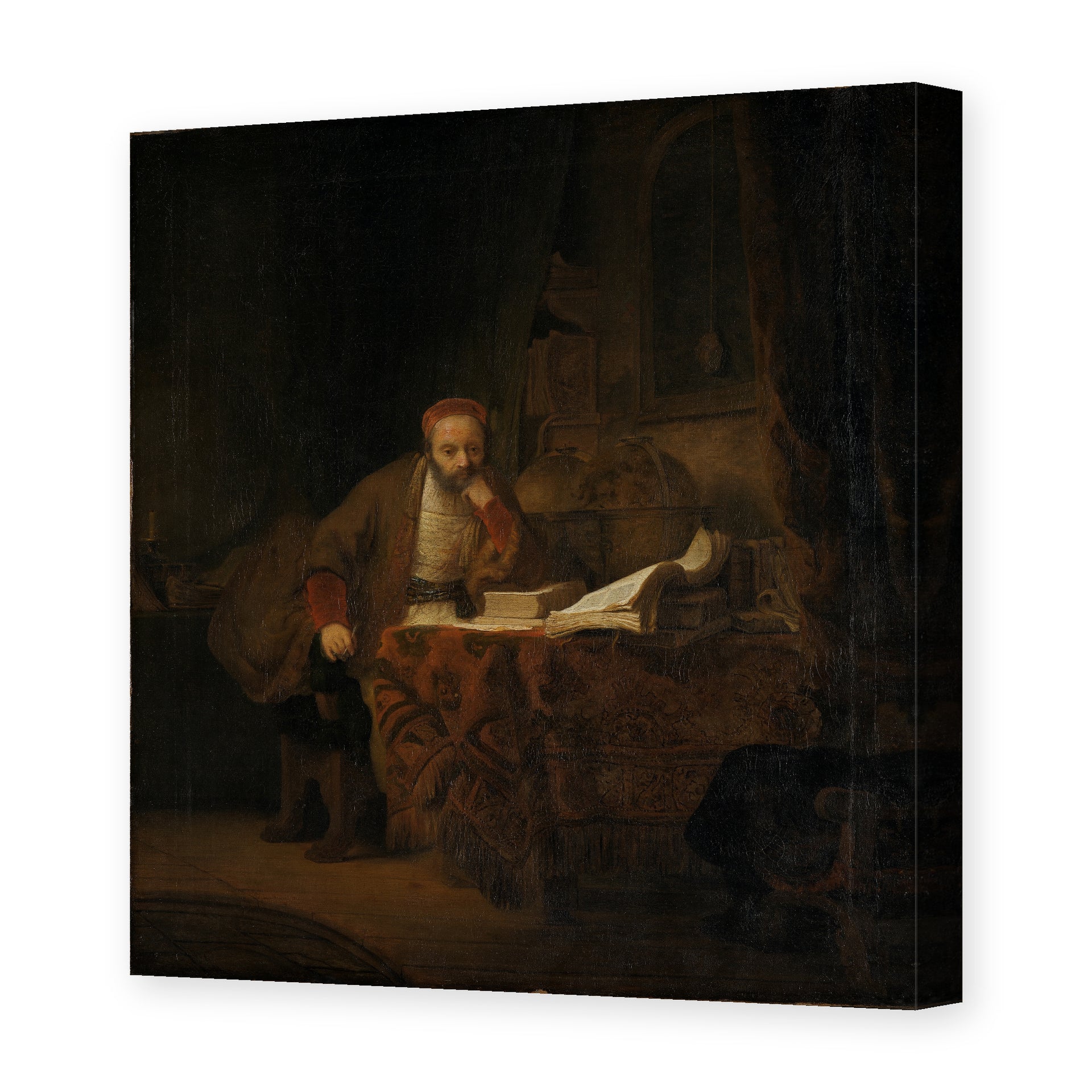 Rembrandt's 'A Scholar in His Study' painting reproduced as a gallery-wrapped canvas print