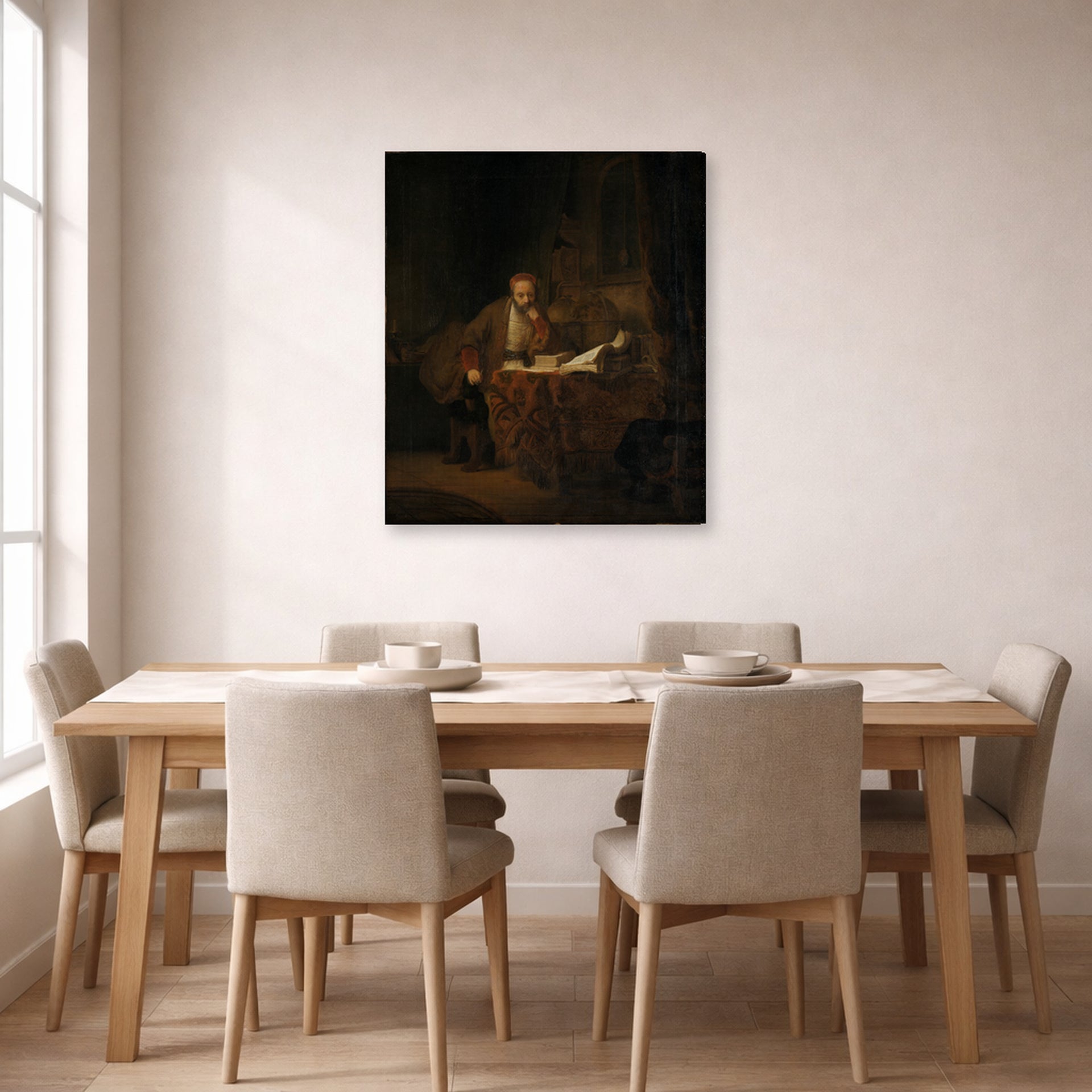 Gallery-wrapped canvas print of Rembrandt's A Scholar in His Study displayed on a wall in a dining room