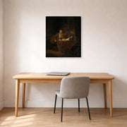 Gallery-wrapped canvas print of Rembrandt's A Scholar in His Study displayed on a wall in an office