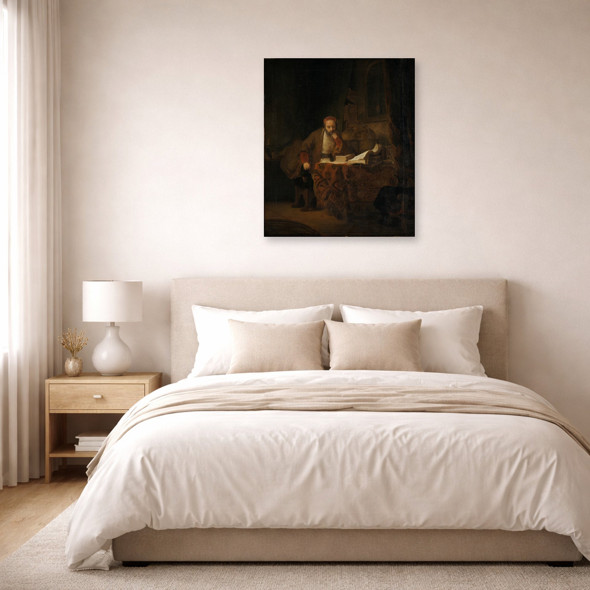 Unframed poster print of Rembrandt's A Scholar in His Study displayed on a wall in a bedroom