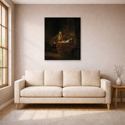 Unframed poster print of Rembrandt's A Scholar in His Study displayed on a wall in a living room