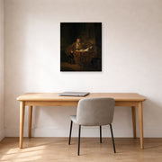 Unframed poster print of Rembrandt's A Scholar in His Study displayed on a wall in an office
