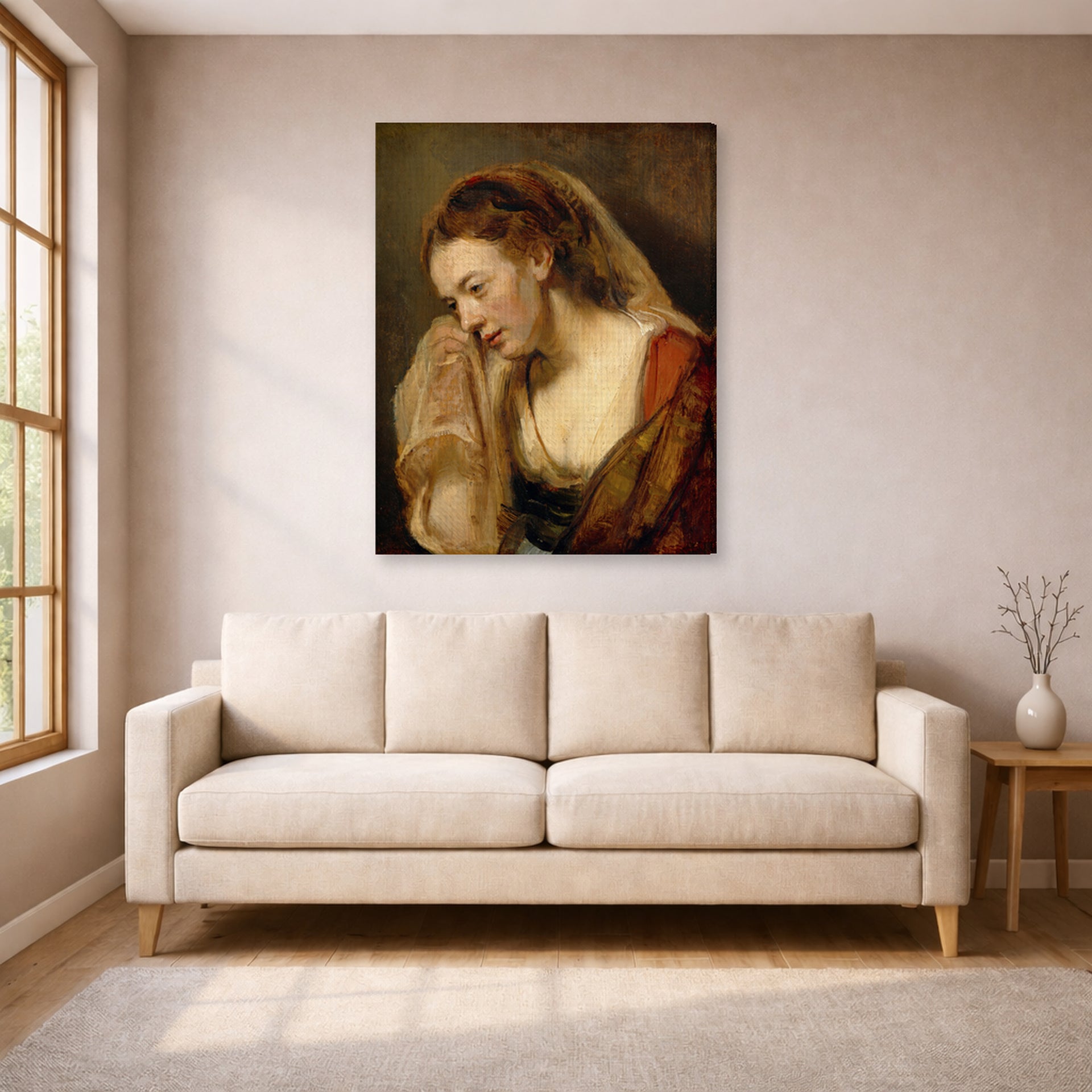 Gallery-wrapped canvas print of Rembrandt's A Weeping Woman displayed on a wall in a living room