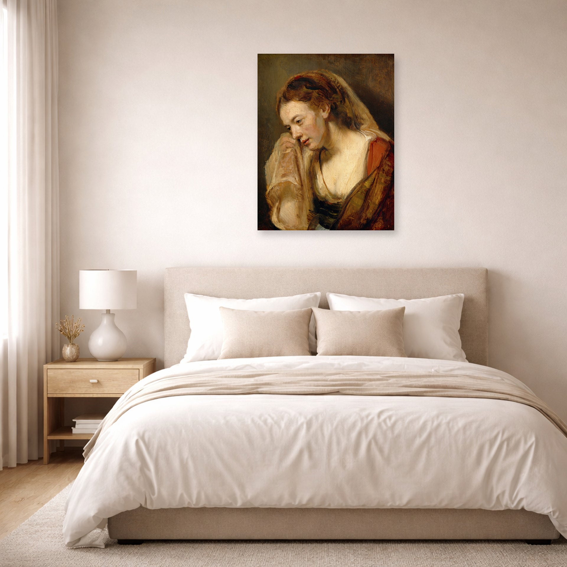 Unframed poster print of Rembrandt's A Weeping Woman displayed on a wall in a bedroom