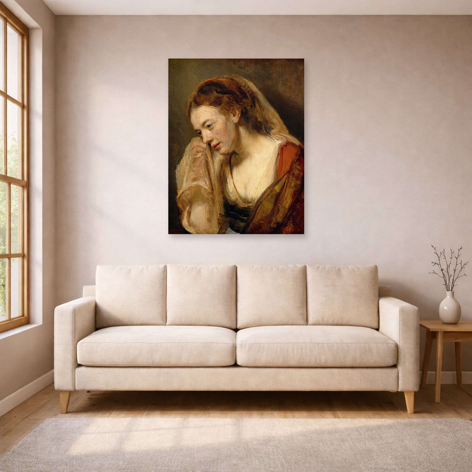 Unframed poster print of Rembrandt's A Weeping Woman displayed on a wall in a living room