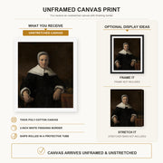 Rembrandt - A Woman Holding a Pink canvas print size comparison and framing display infographic