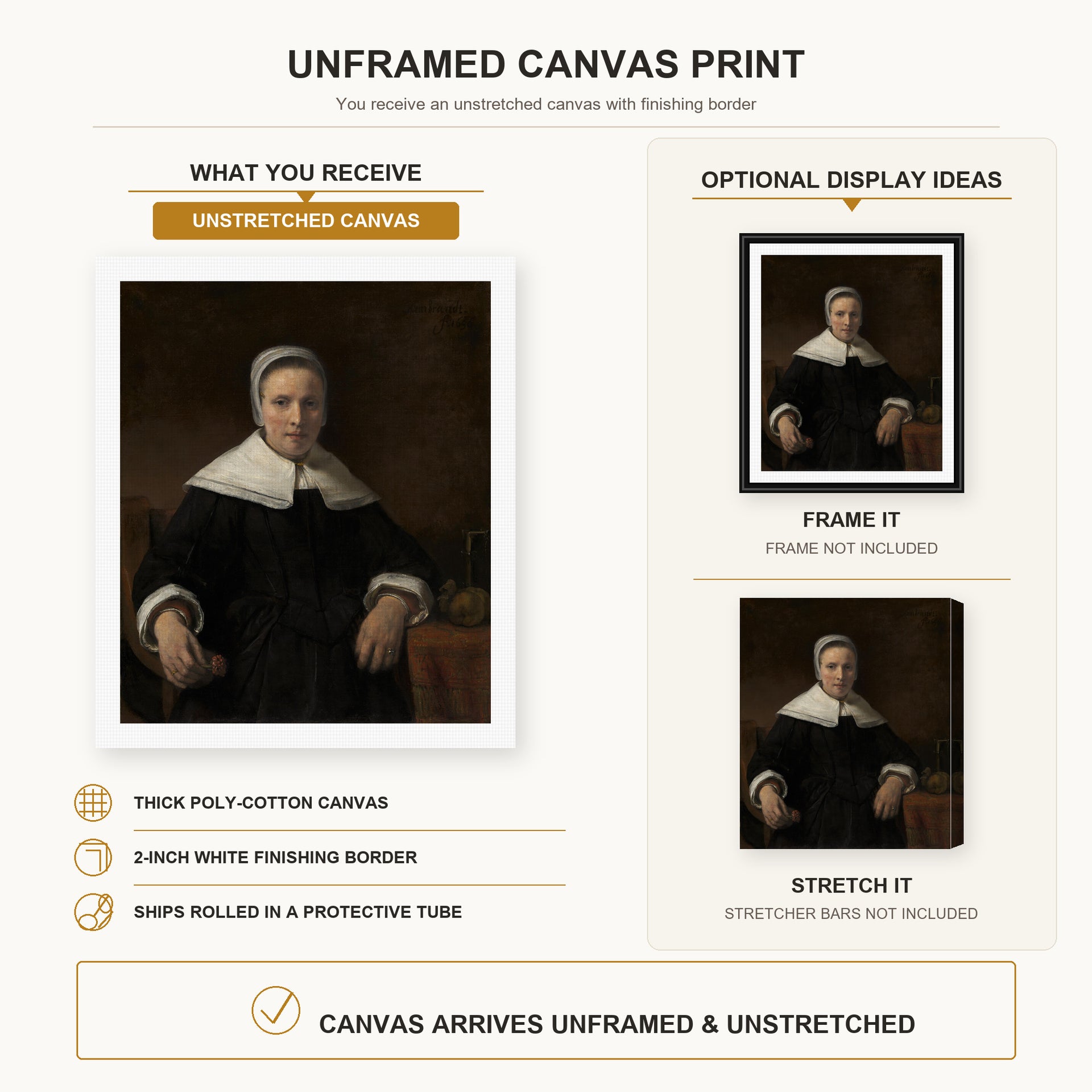 Rembrandt - A Woman Holding a Pink canvas print size comparison and framing display infographic