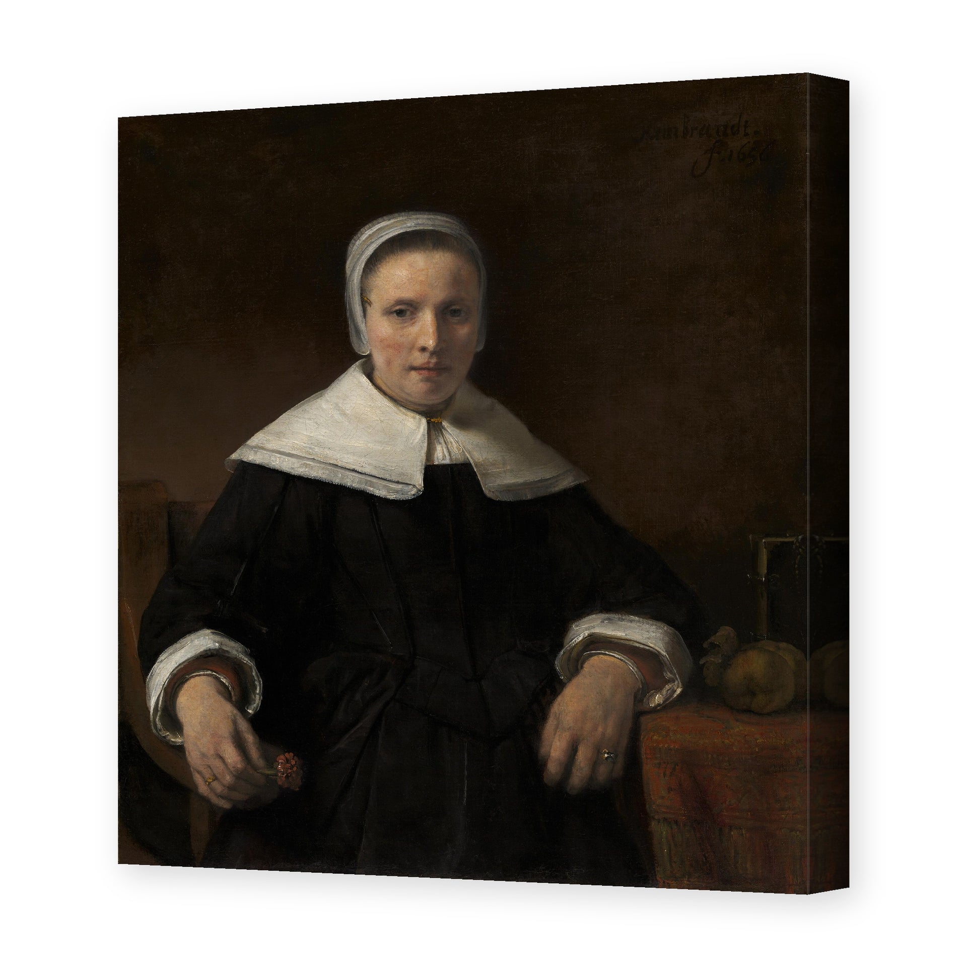 Rembrandt's 'A Woman Holding a Pink' painting reproduced as a gallery-wrapped canvas print
