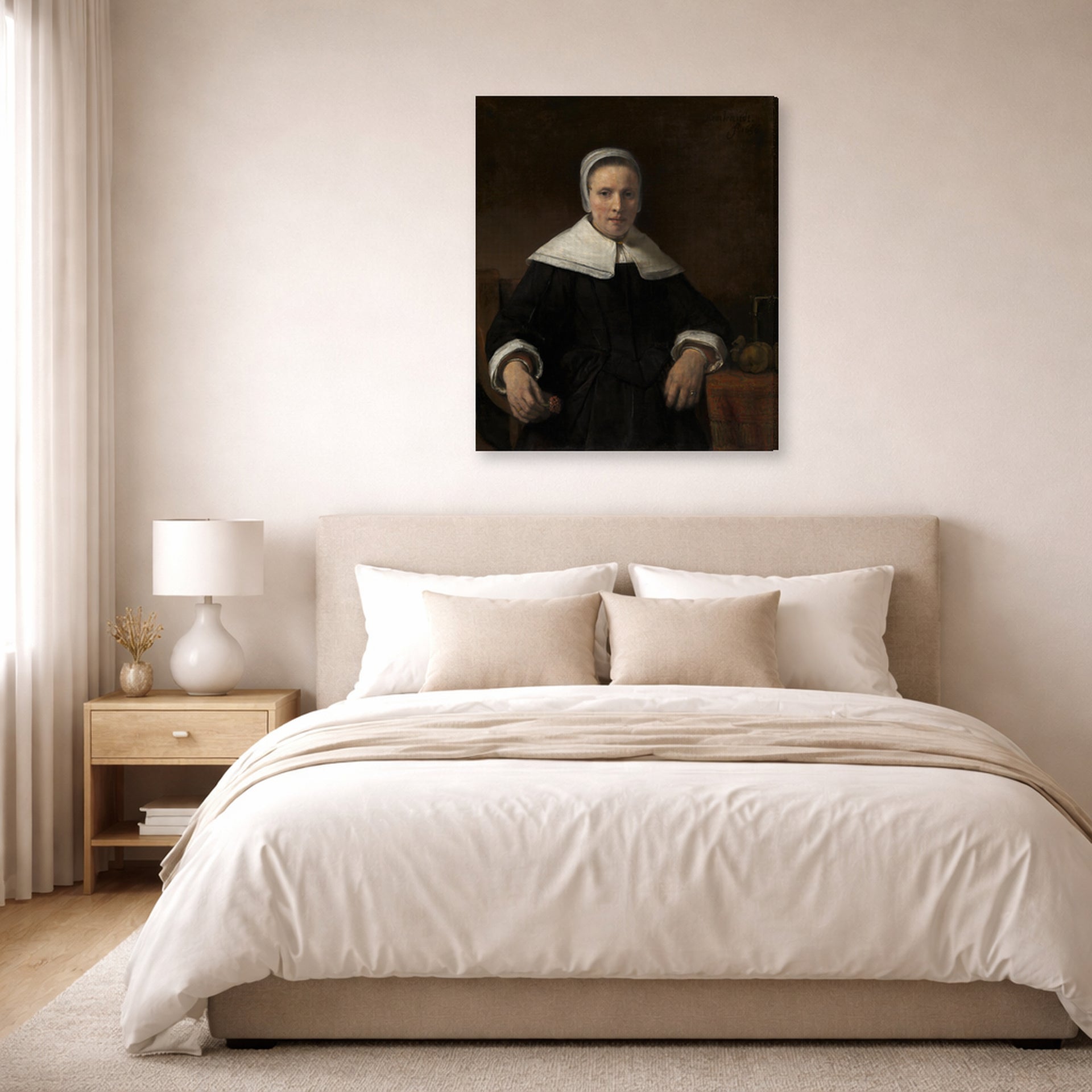 Gallery-wrapped canvas print of Rembrandt's A Woman Holding a Pink displayed on a wall in a bedroom