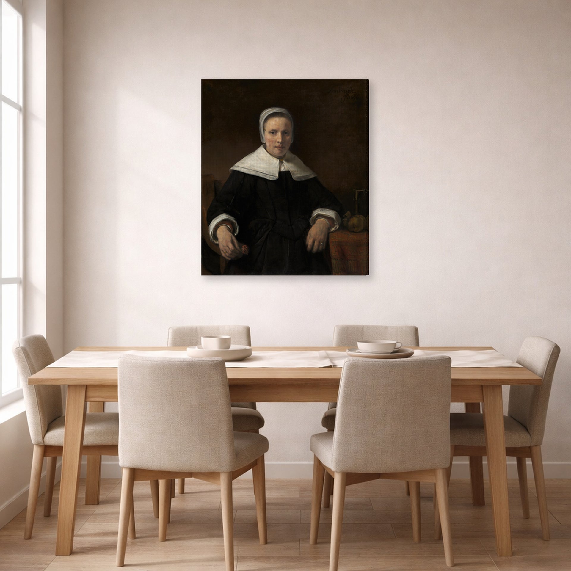 Gallery-wrapped canvas print of Rembrandt's A Woman Holding a Pink displayed on a wall in a dining room