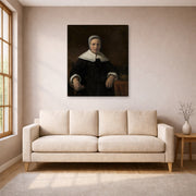 Gallery-wrapped canvas print of Rembrandt's A Woman Holding a Pink displayed on a wall in a living room