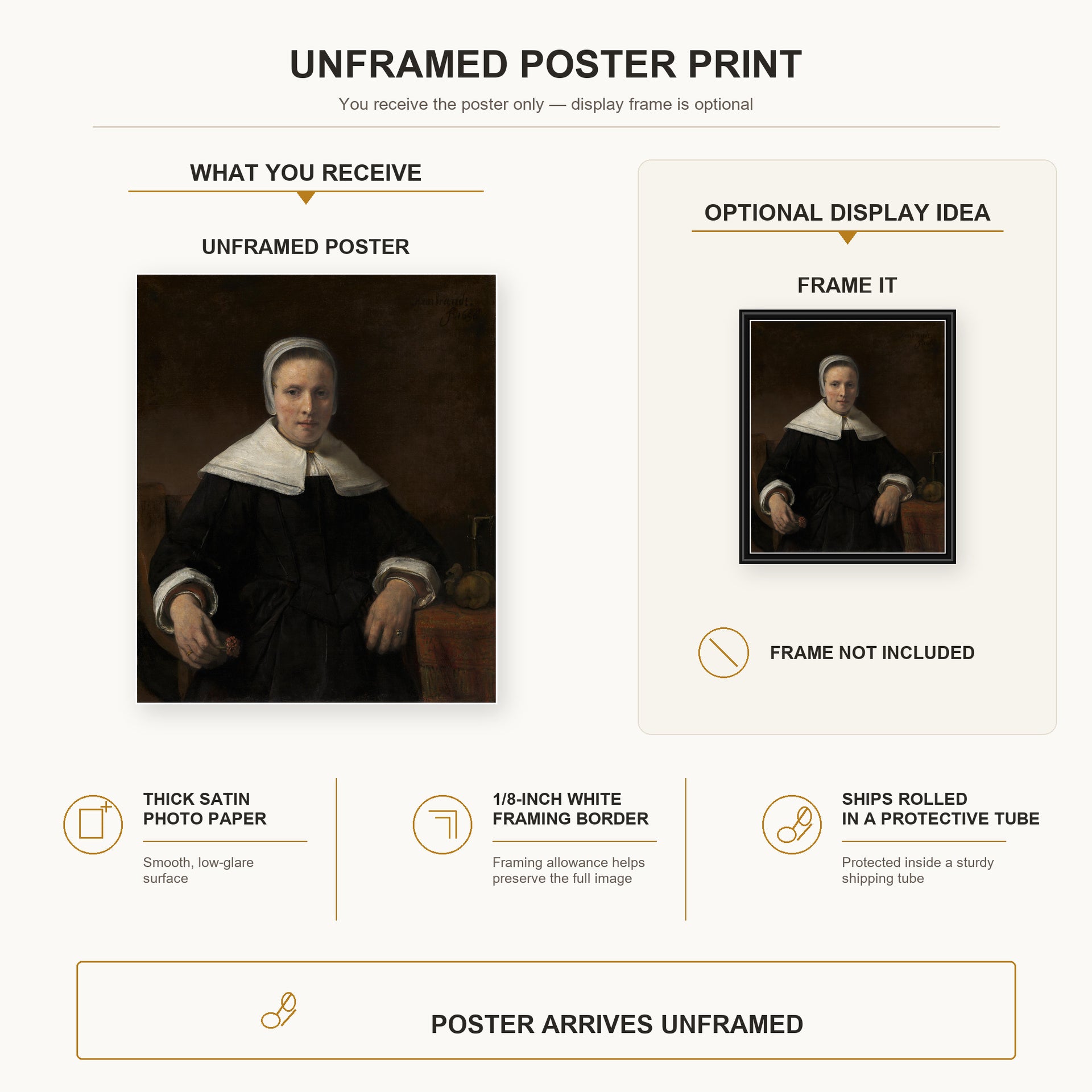 Rembrandt - A Woman Holding a Pink poster print size comparison and framing display infographic