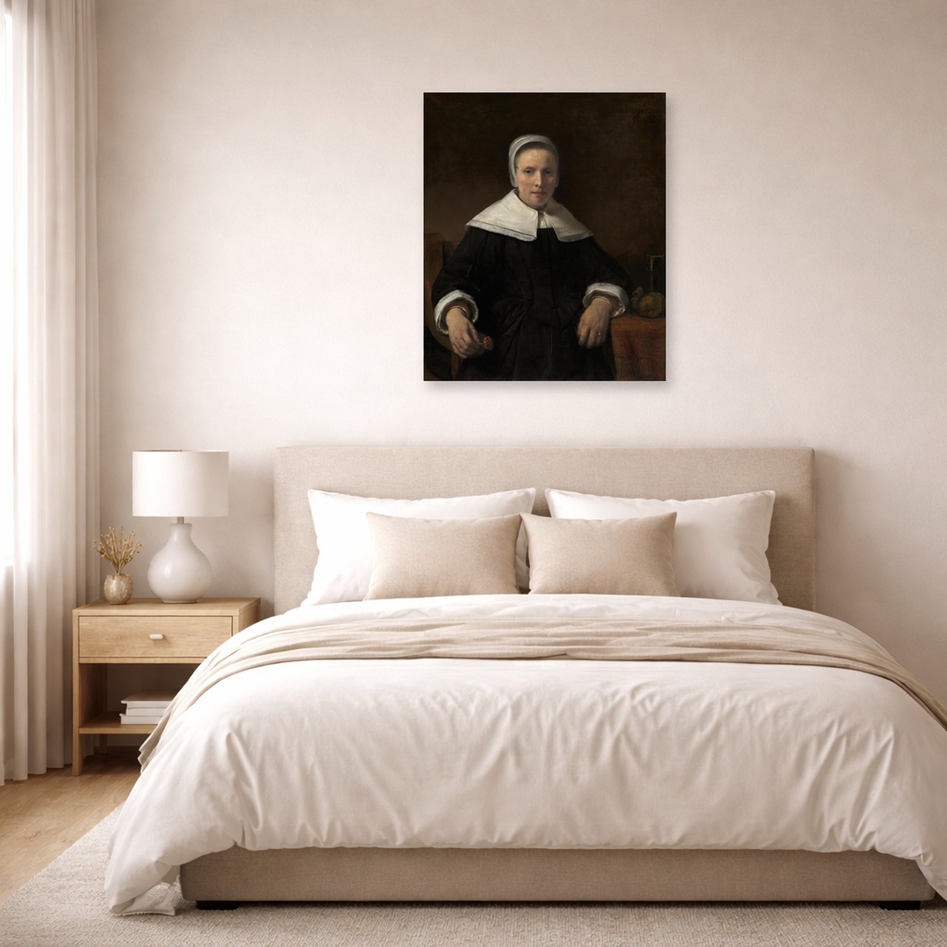 Unframed poster print of Rembrandt's A Woman Holding a Pink displayed on a wall in a bedroom