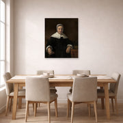 Unframed poster print of Rembrandt's A Woman Holding a Pink displayed on a wall in a dining room