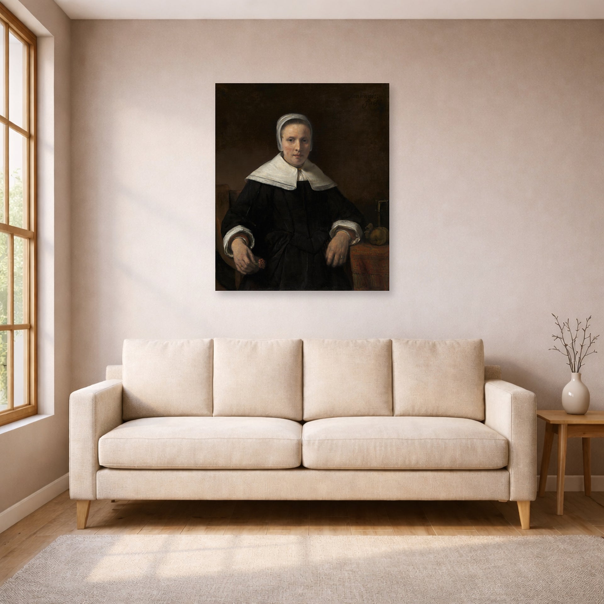 Unframed poster print of Rembrandt's A Woman Holding a Pink displayed on a wall in a living room
