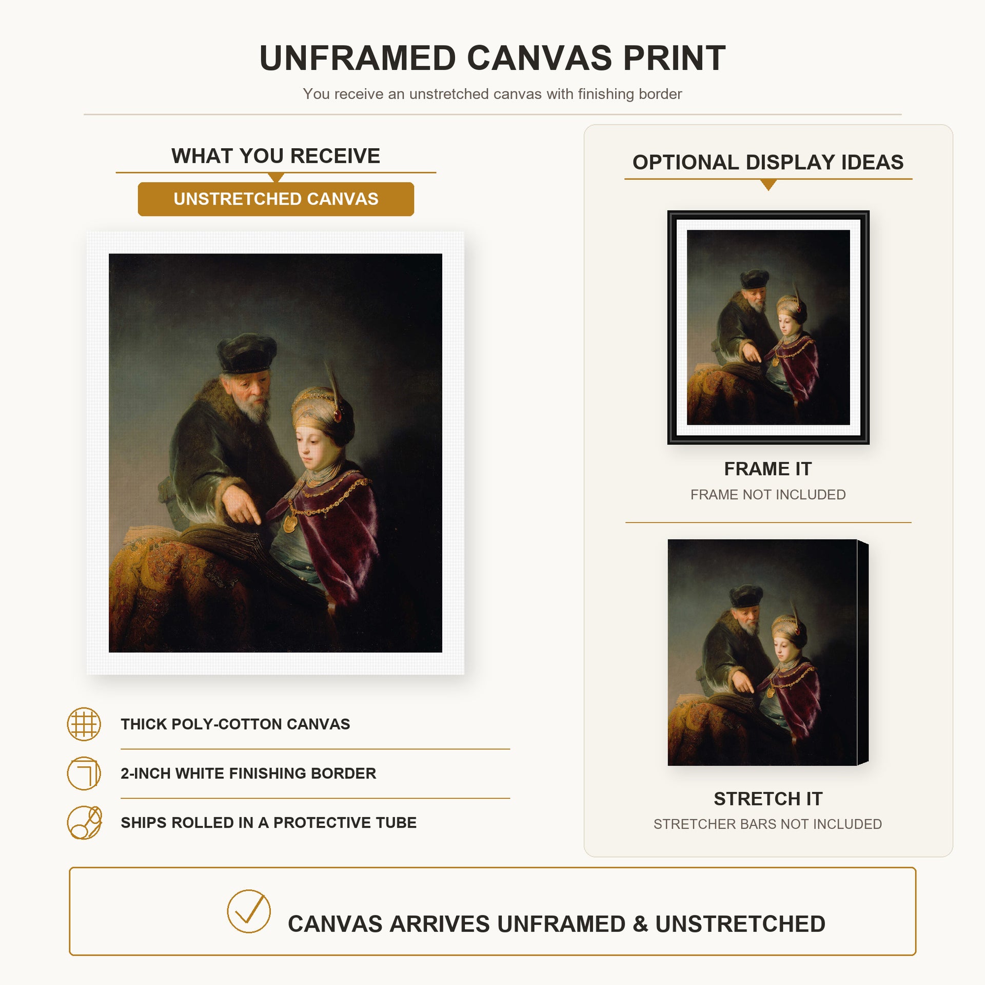 Rembrandt - A Young Scholar and His Tutor canvas print size comparison and framing display infographic
