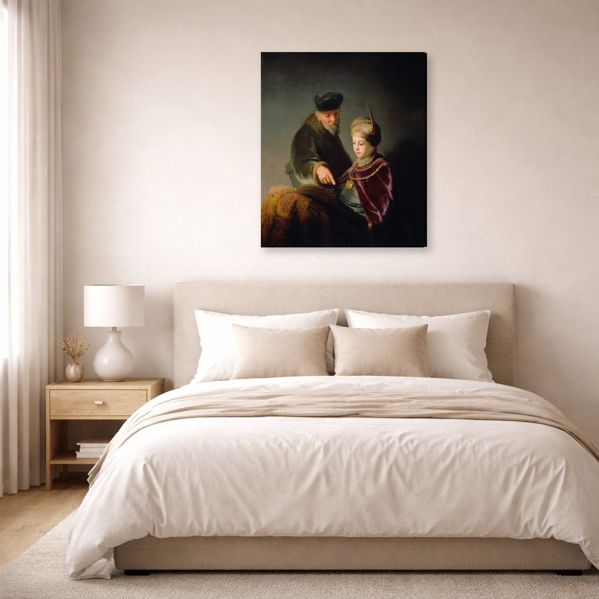 Gallery-wrapped canvas print of Rembrandt's A Young Scholar and His Tutor displayed on a wall in a bedroom