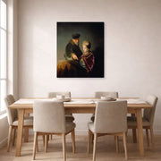 Gallery-wrapped canvas print of Rembrandt's A Young Scholar and His Tutor displayed on a wall in a dining room