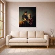 Gallery-wrapped canvas print of Rembrandt's A Young Scholar and His Tutor displayed on a wall in a living room