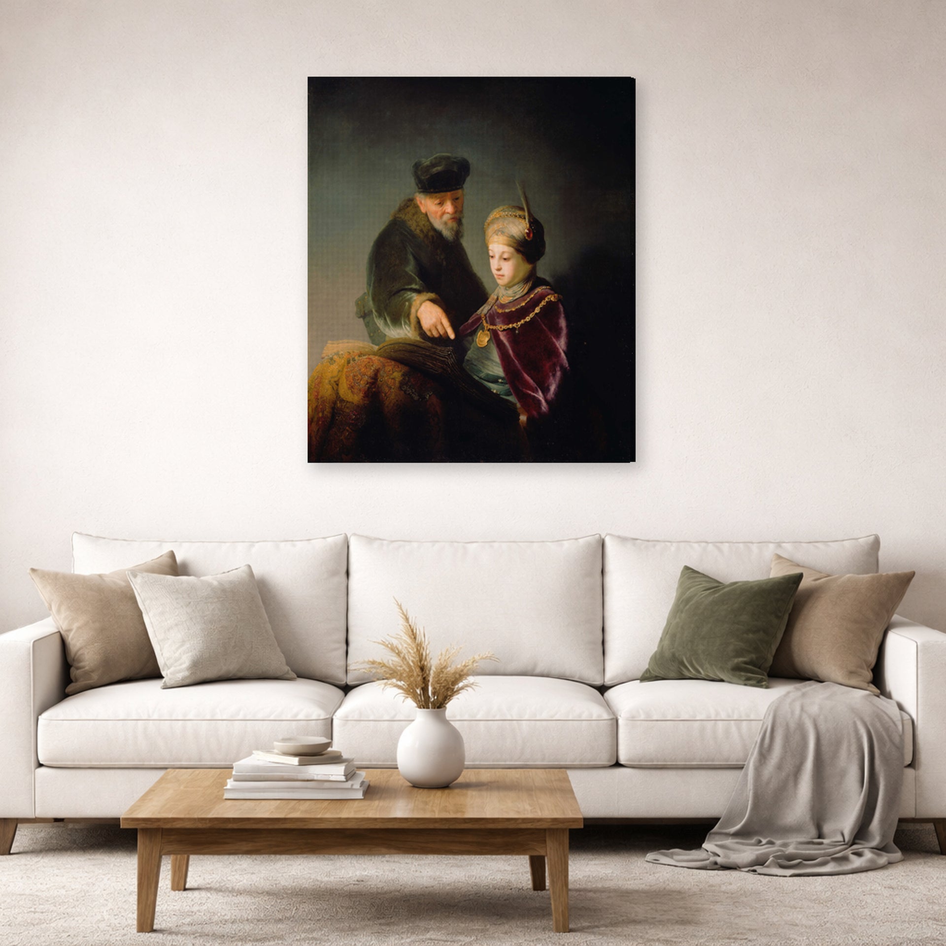 Gallery-wrapped canvas print of Rembrandt's A Young Scholar and His Tutor displayed on a wall in a living room