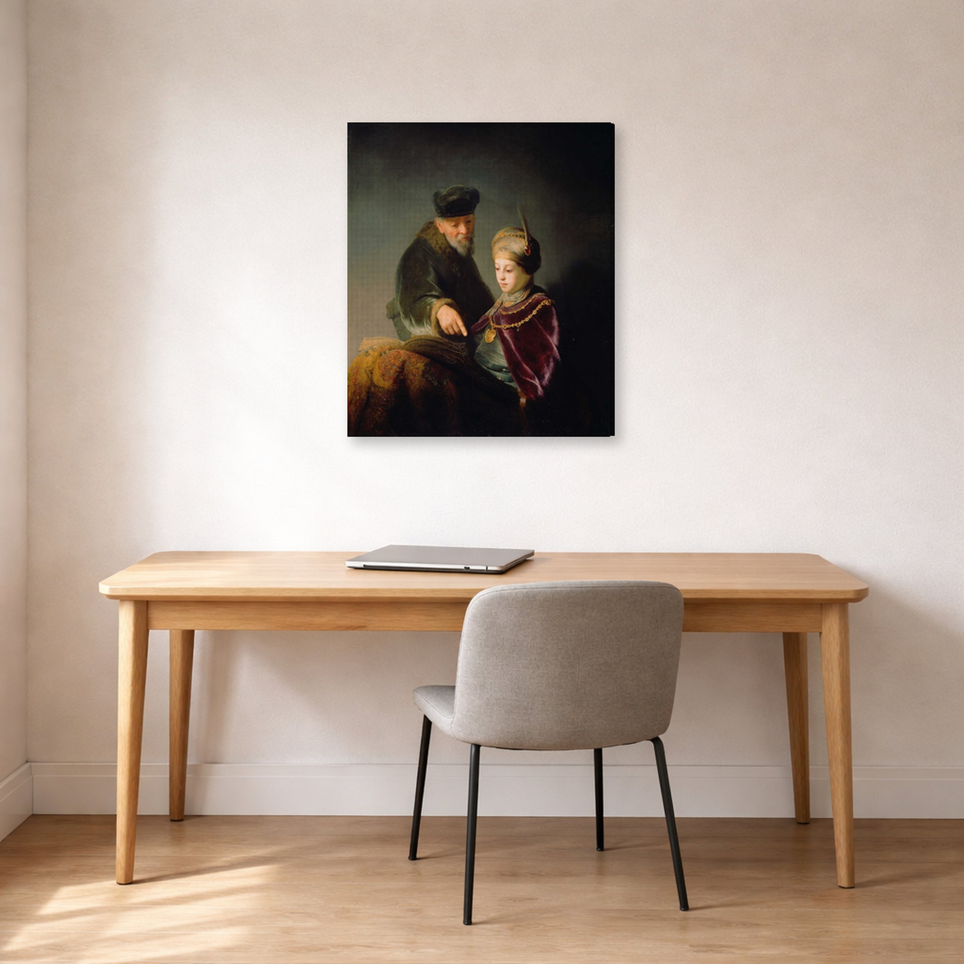 Gallery-wrapped canvas print of Rembrandt's A Young Scholar and His Tutor displayed on a wall in an office