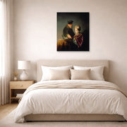 Unframed poster print of Rembrandt's A Young Scholar and His Tutor displayed on a wall in a bedroom