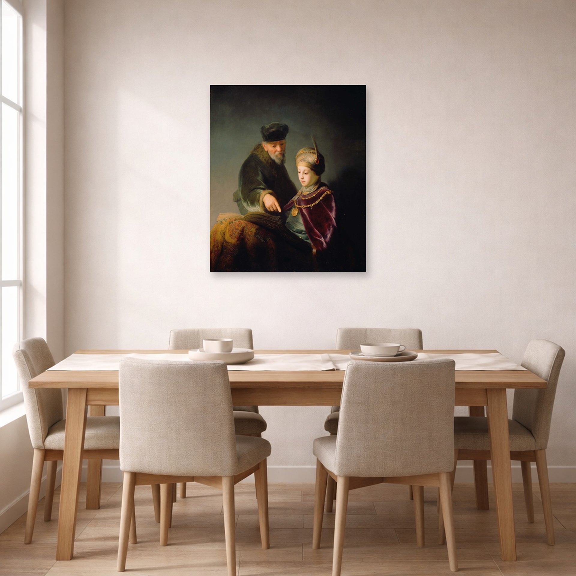 Unframed poster print of Rembrandt's A Young Scholar and His Tutor displayed on a wall in a dining room