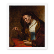 Rembrandt's 'An Old Woman Weighing Gold Coins' painting reproduced as a rolled canvas print
