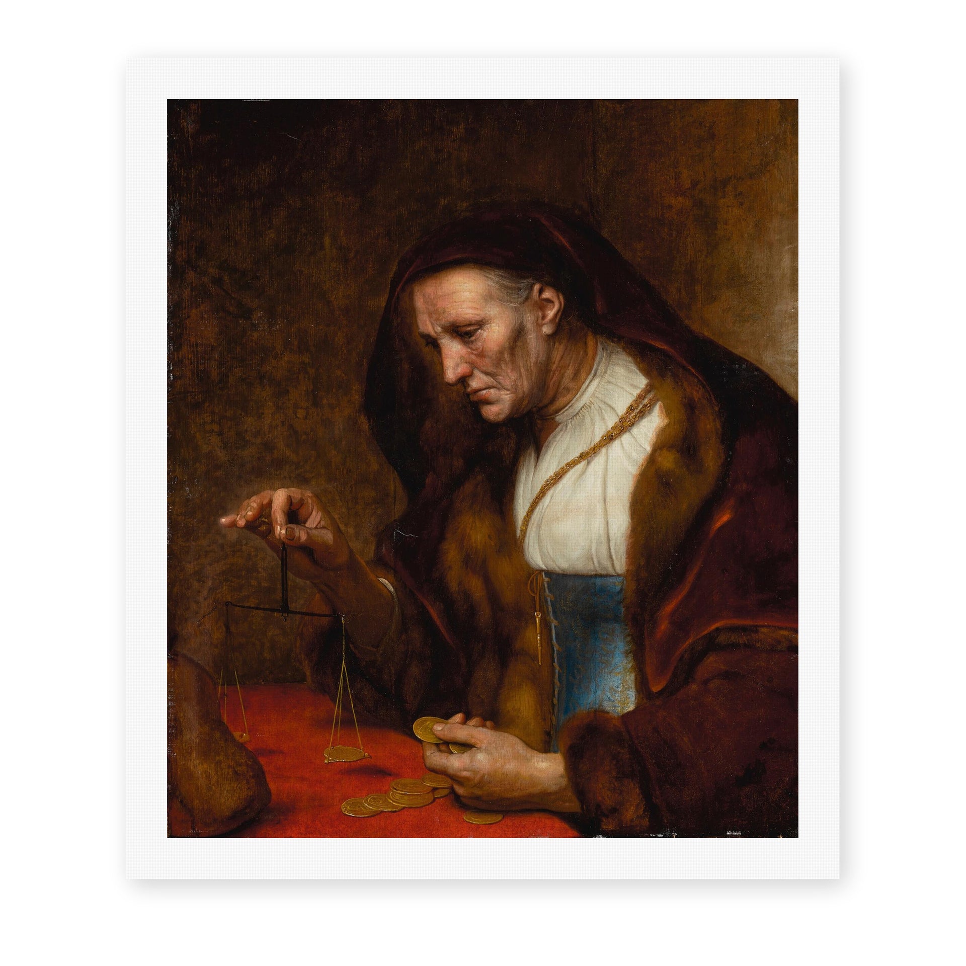 Rembrandt's 'An Old Woman Weighing Gold Coins' painting reproduced as a rolled canvas print