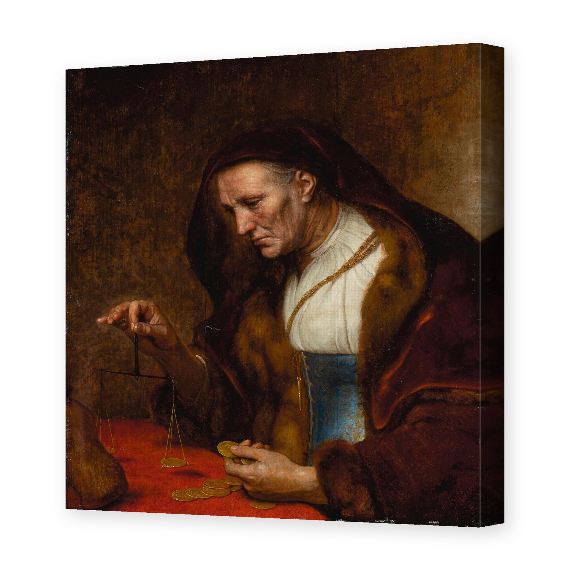 Rembrandt's 'An Old Woman Weighing Gold Coins' painting reproduced as a gallery-wrapped canvas print