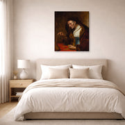 Gallery-wrapped canvas print of Rembrandt's An Old Woman Weighing Gold Coins displayed on a wall in a bedroom
