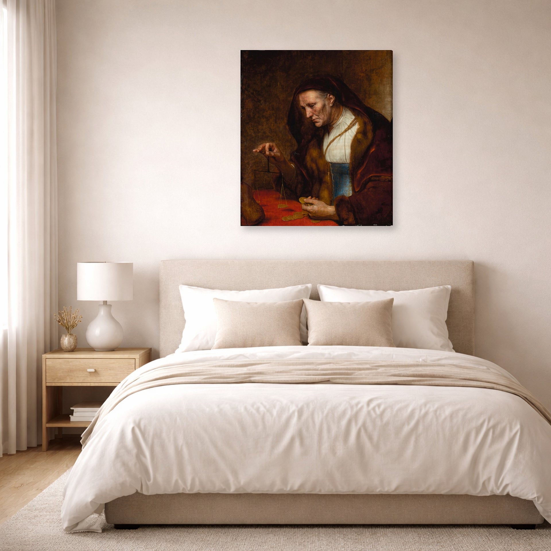 Gallery-wrapped canvas print of Rembrandt's An Old Woman Weighing Gold Coins displayed on a wall in a bedroom