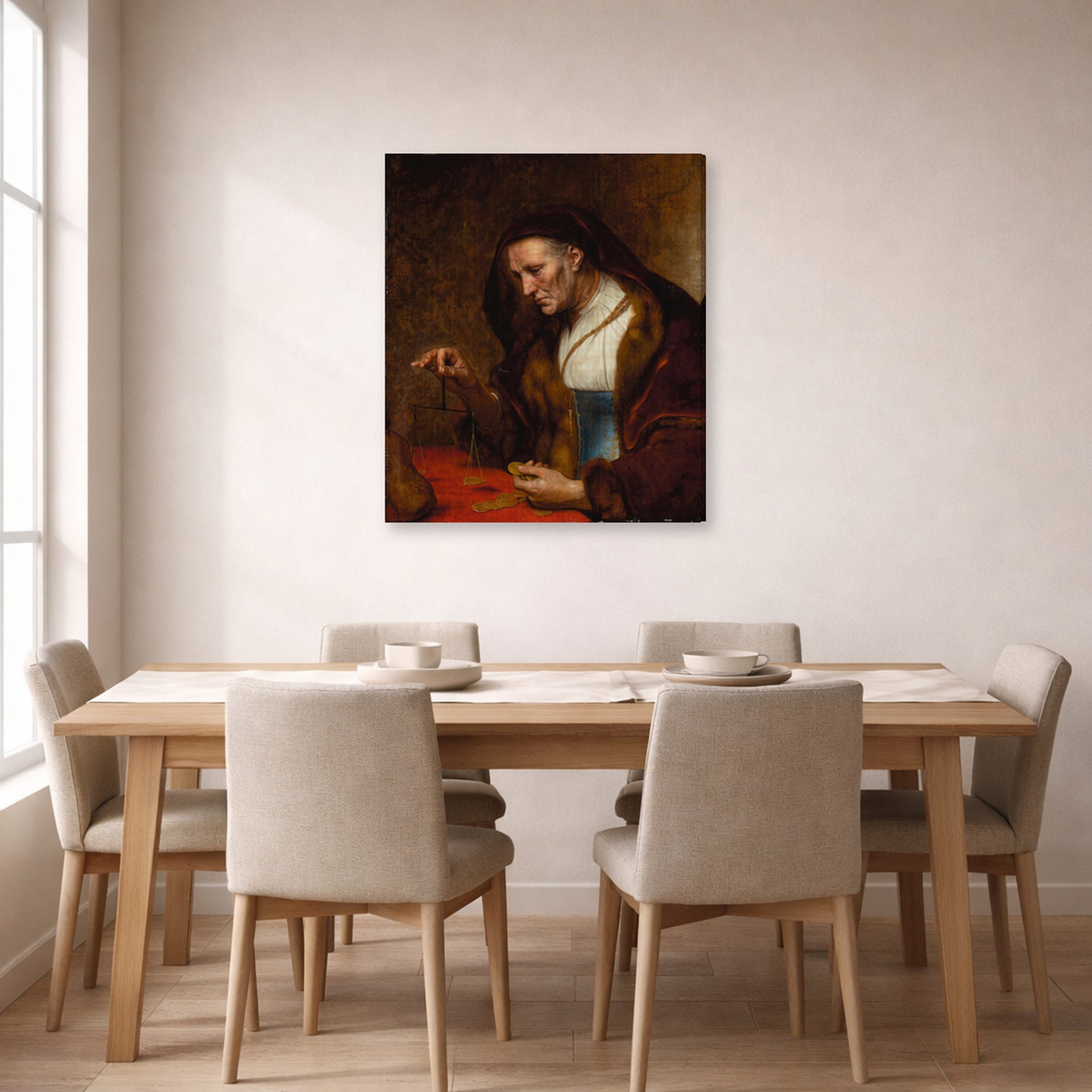 Gallery-wrapped canvas print of Rembrandt's An Old Woman Weighing Gold Coins displayed on a wall in a dining room