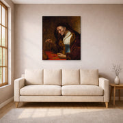 Gallery-wrapped canvas print of Rembrandt's An Old Woman Weighing Gold Coins displayed on a wall in a living room