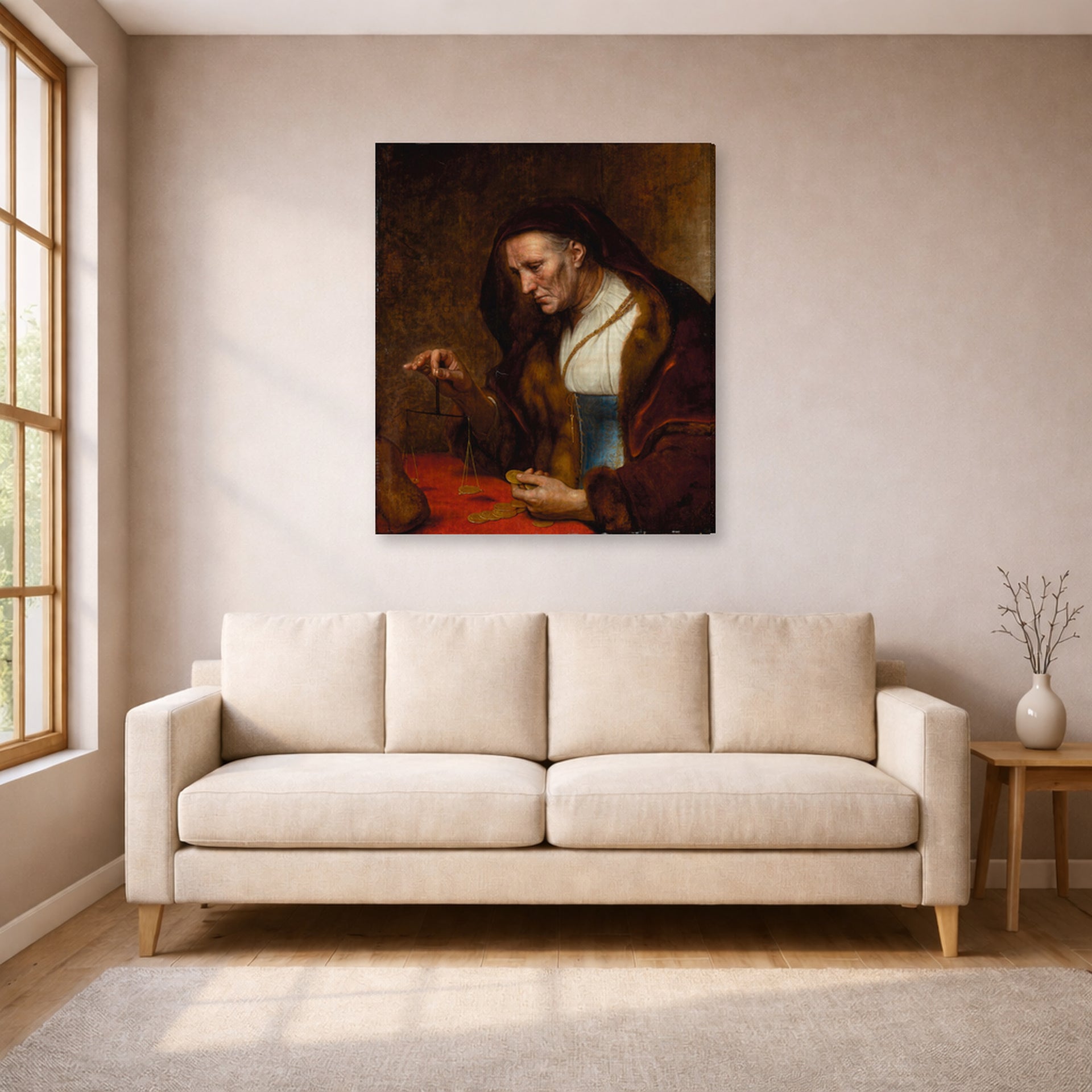 Gallery-wrapped canvas print of Rembrandt's An Old Woman Weighing Gold Coins displayed on a wall in a living room