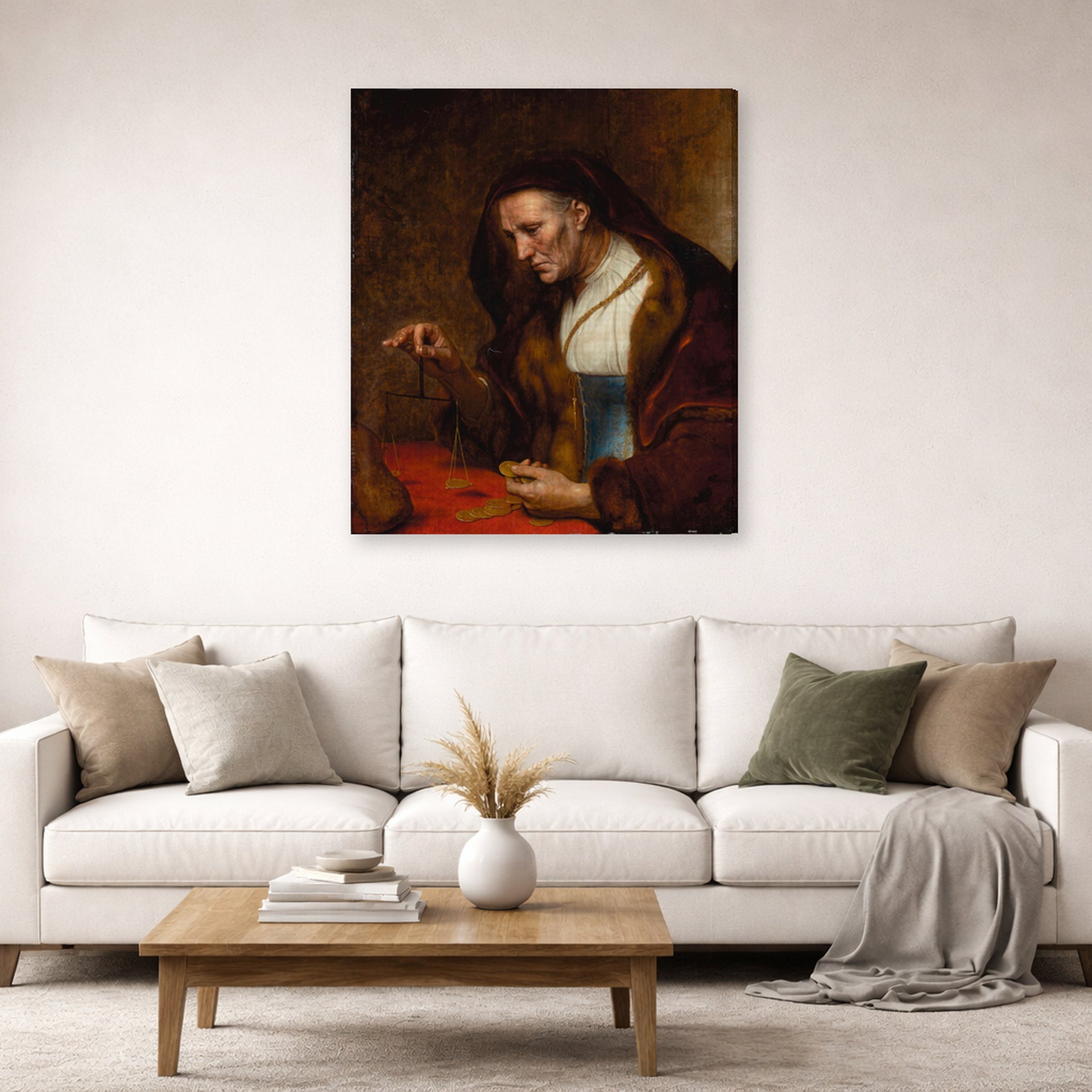Gallery-wrapped canvas print of Rembrandt's An Old Woman Weighing Gold Coins displayed on a wall in a living room