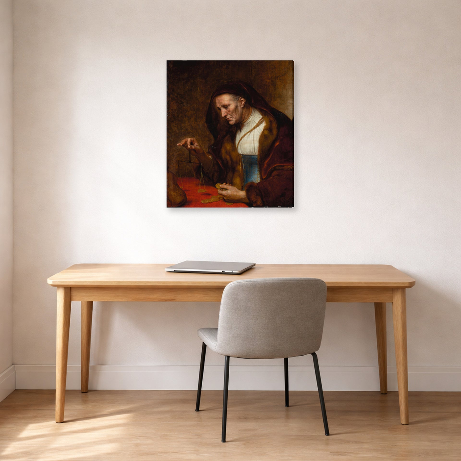 Gallery-wrapped canvas print of Rembrandt's An Old Woman Weighing Gold Coins displayed on a wall in an office