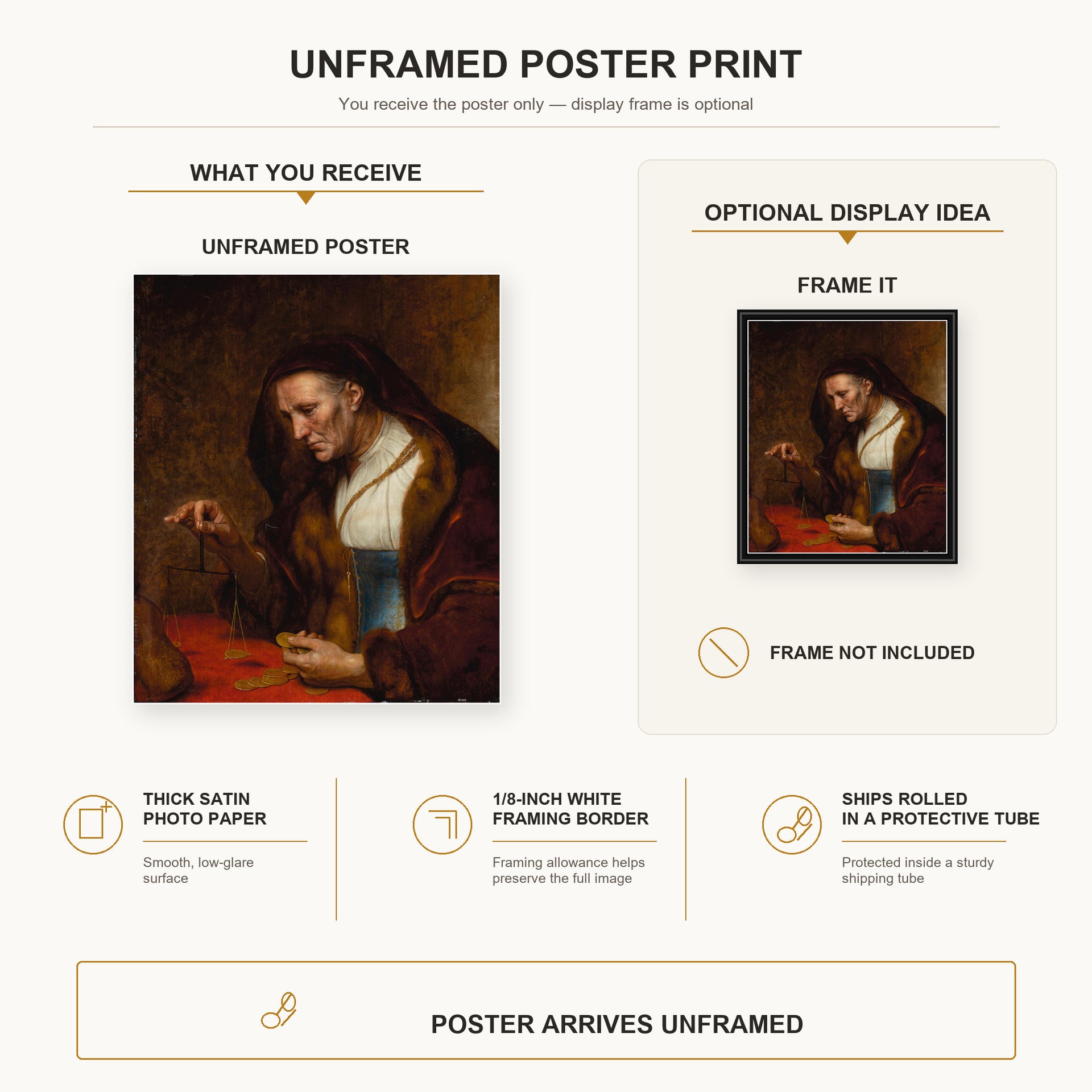 Rembrandt - An Old Woman Weighing Gold Coins poster print size comparison and framing display infographic
