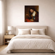 Unframed poster print of Rembrandt's An Old Woman Weighing Gold Coins displayed on a wall in a bedroom