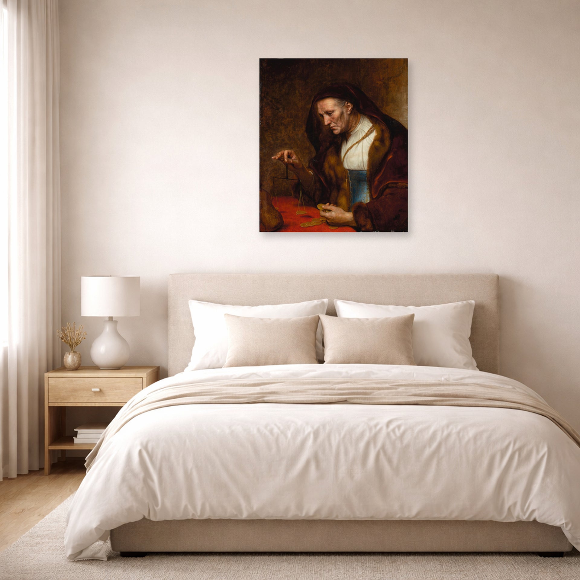 Unframed poster print of Rembrandt's An Old Woman Weighing Gold Coins displayed on a wall in a bedroom