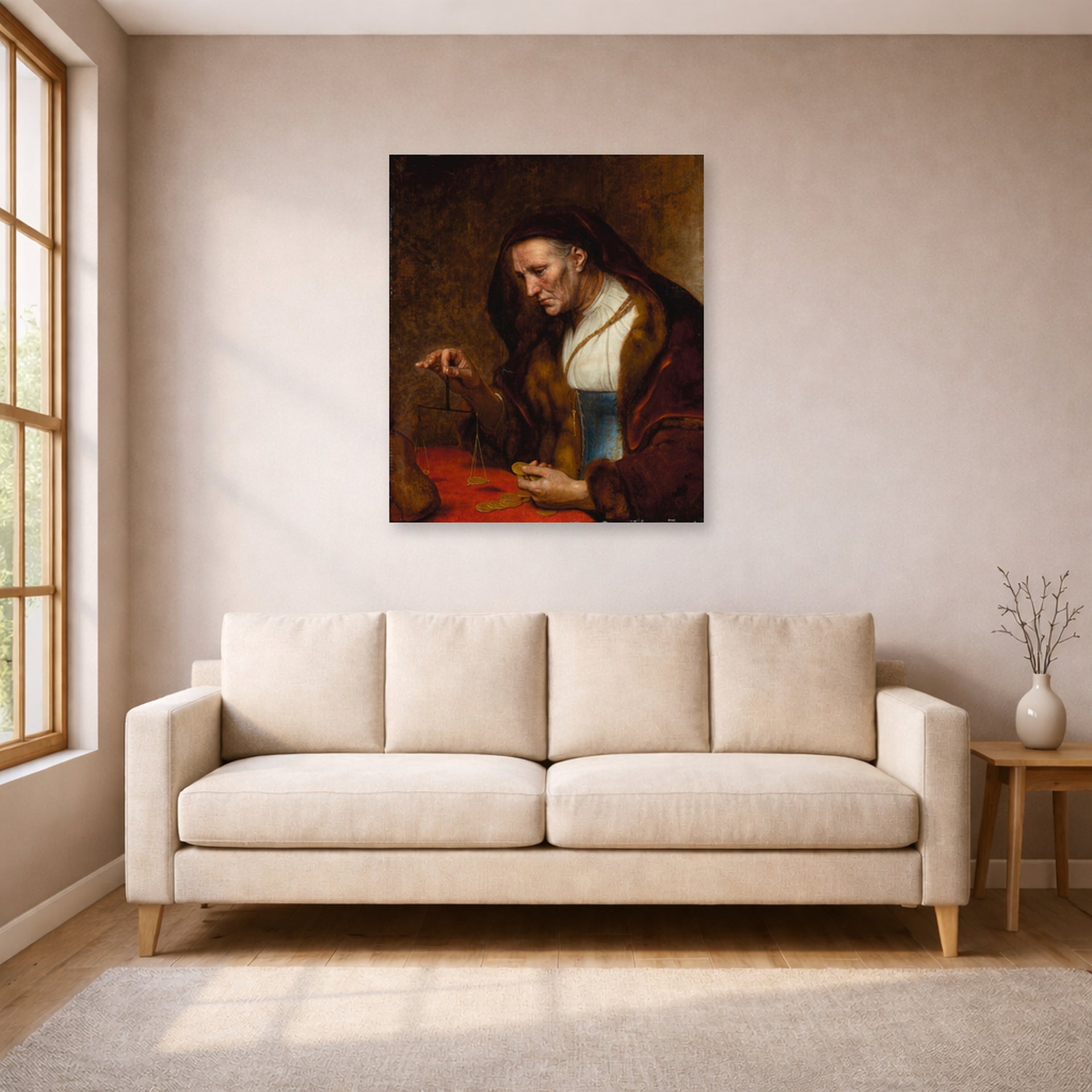 Unframed poster print of Rembrandt's An Old Woman Weighing Gold Coins displayed on a wall in a living room