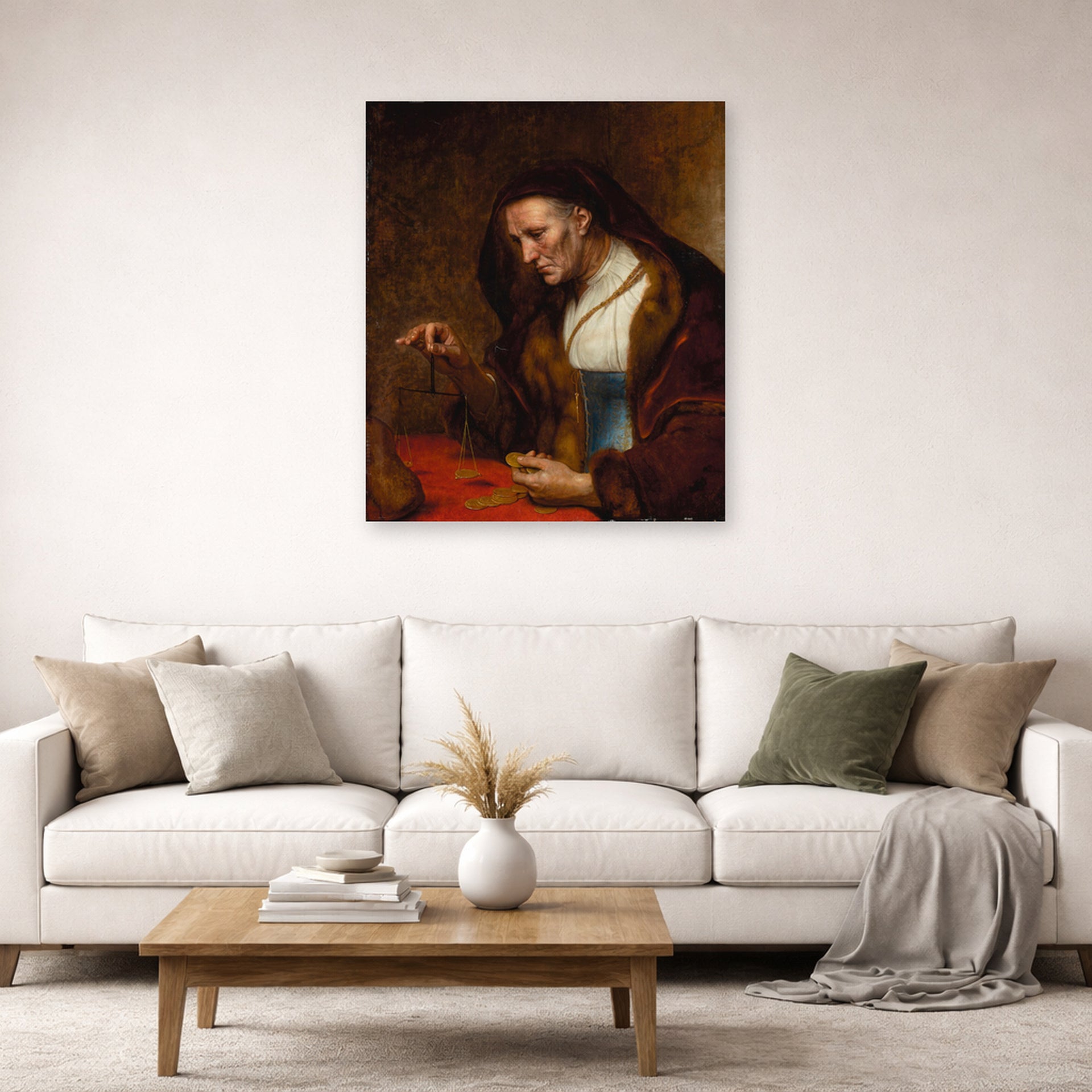 Unframed poster print of Rembrandt's An Old Woman Weighing Gold Coins displayed on a wall in a living room